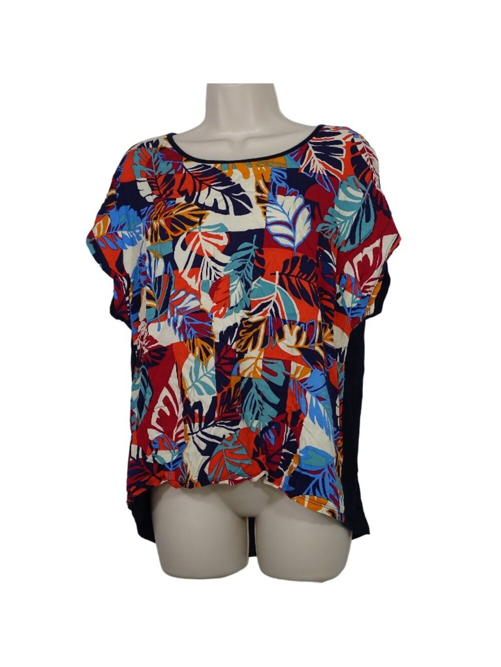 Lavish Blue Multicolor Leaf Print Top Women Size L Crisscross Back Detail